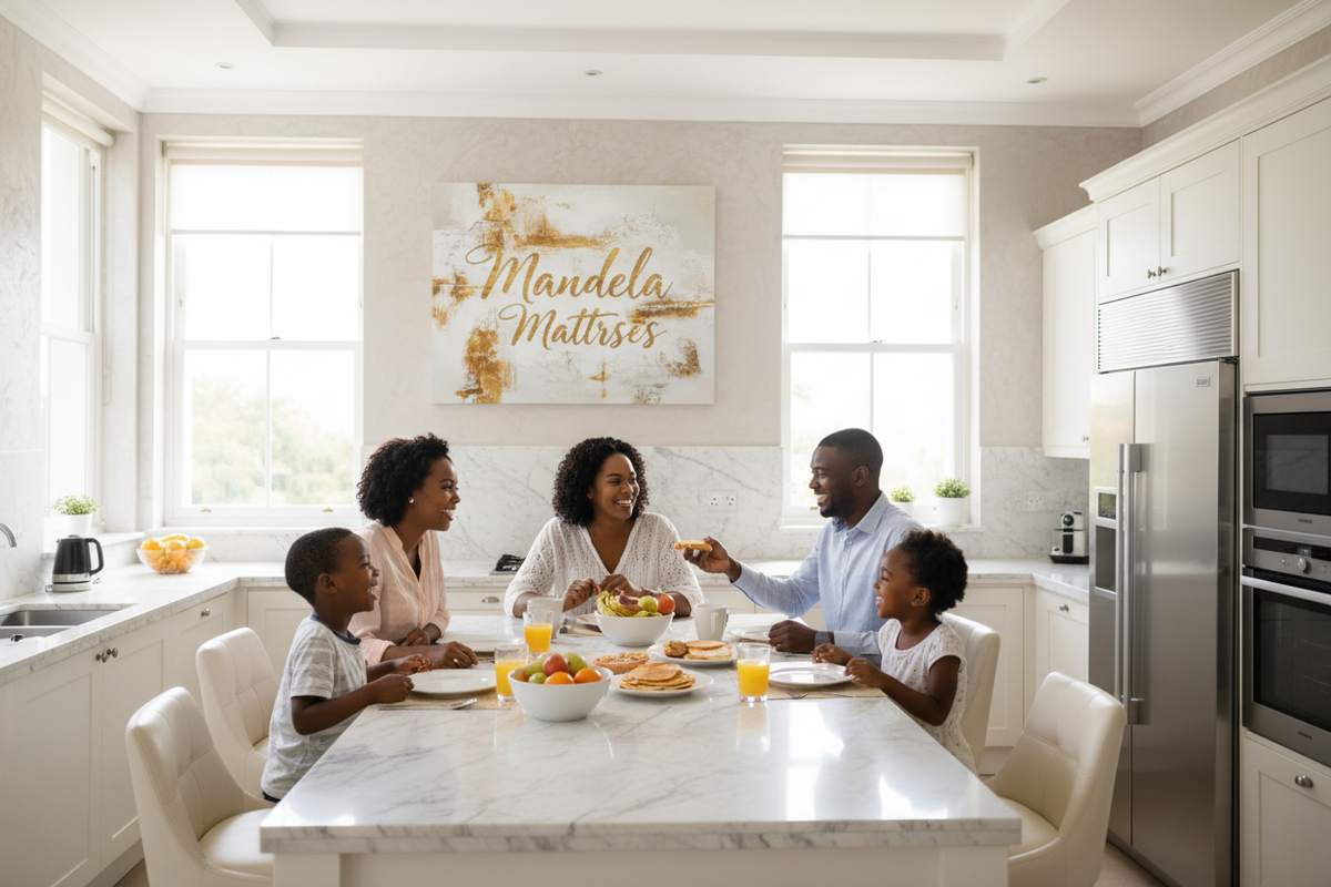 Family sharing breakfast around a marble island in a bright kitchen with white cabinets and stainless-steel appliances.
