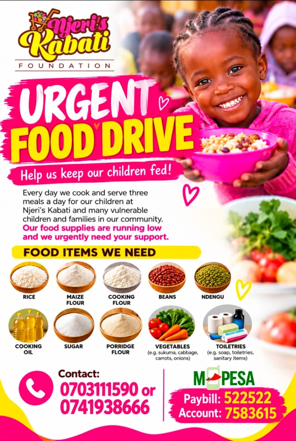 Njeri’s Kabati Foundation urgent food drive poster asking for food donations to feed children and vulnerable families, with food items needed, contact numbers, and M-Pesa Paybill details.