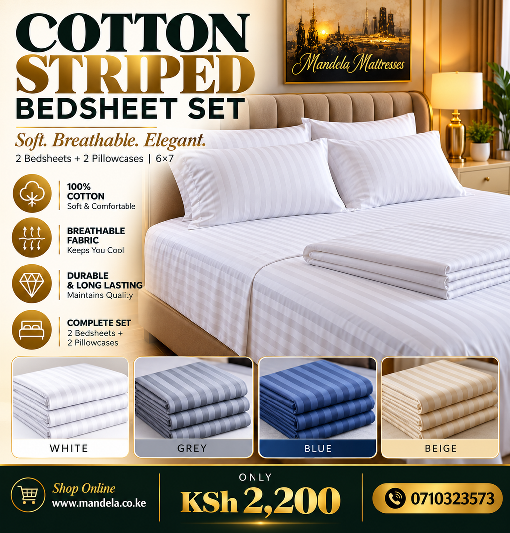 Mandela Mattresses cotton striped bedsheet set, 6×7, KSh 2,200