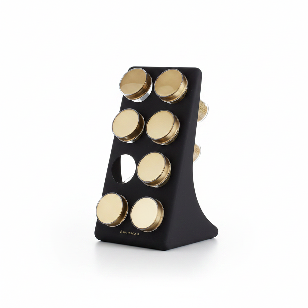 8-Jar Spice Rack with Gold Finish Lids | Matte Black Tower