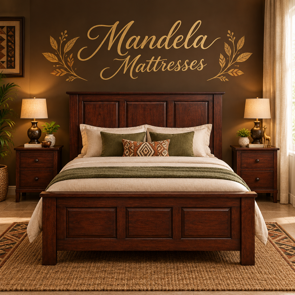 Matching pair of mahogany and board two-drawer bedside units shown beside a bed
