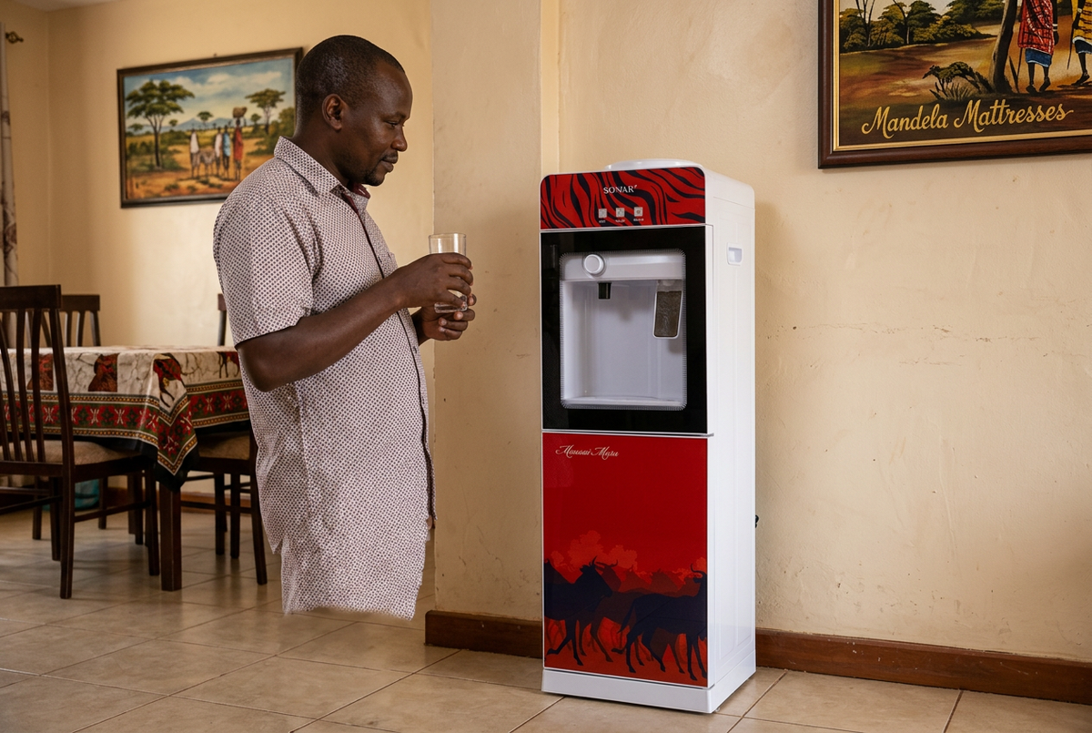 Red and black Sonar G5C dispenser in a Kenyan dining room