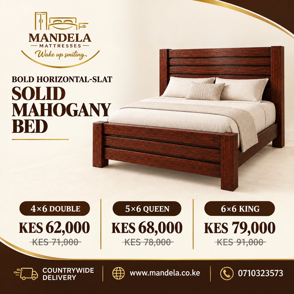Bold horizontal-slat solid mahogany bed prices in Kenya with countrywide delivery