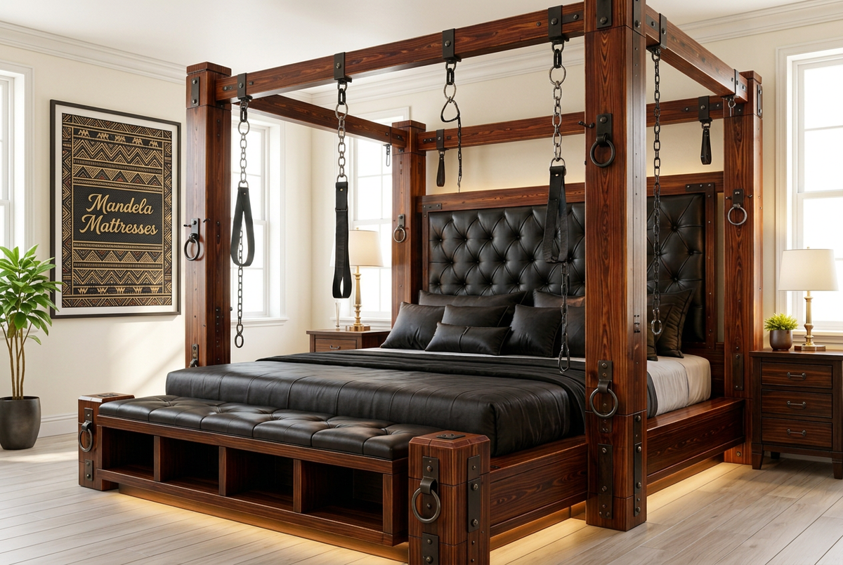 Upholstered Dominion bed in an ivory morning bedroom; bench storage and lighting sold separately