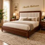 Vertical-channel mahogany bed in a warm Mandela Mattresses bedroom
