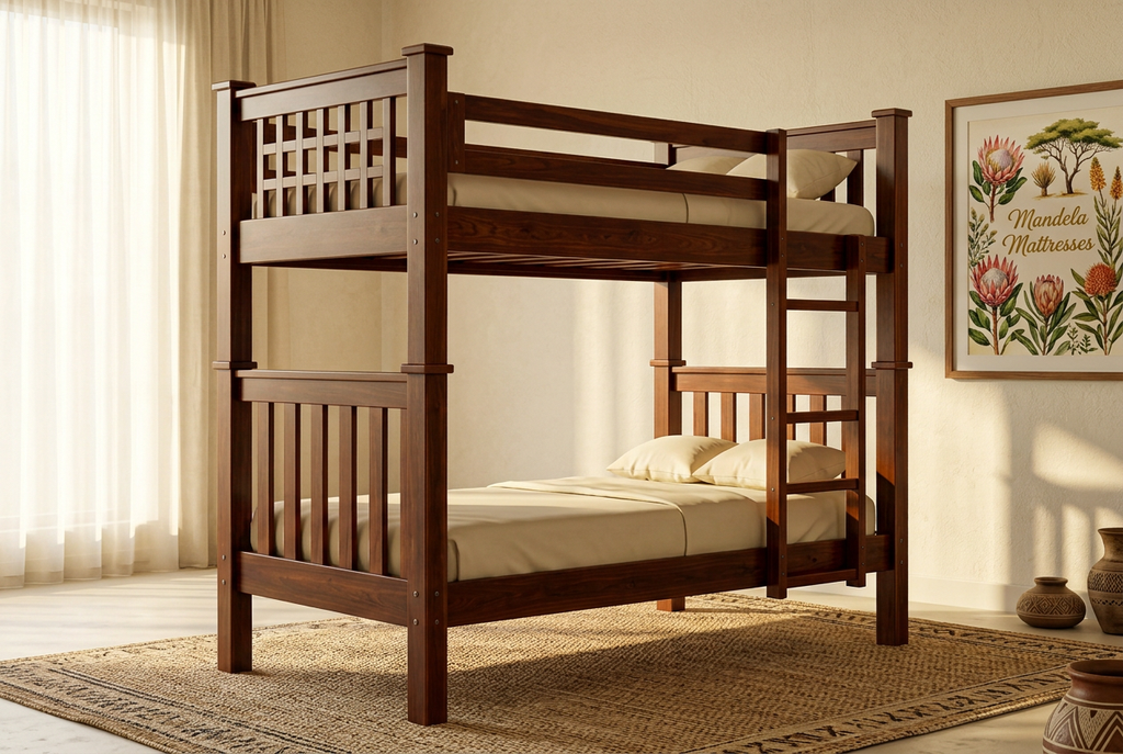 Straight-post mahogany double-decker bed in afternoon light