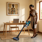 Cordless vacuum in a warm Kenyan home-office setting