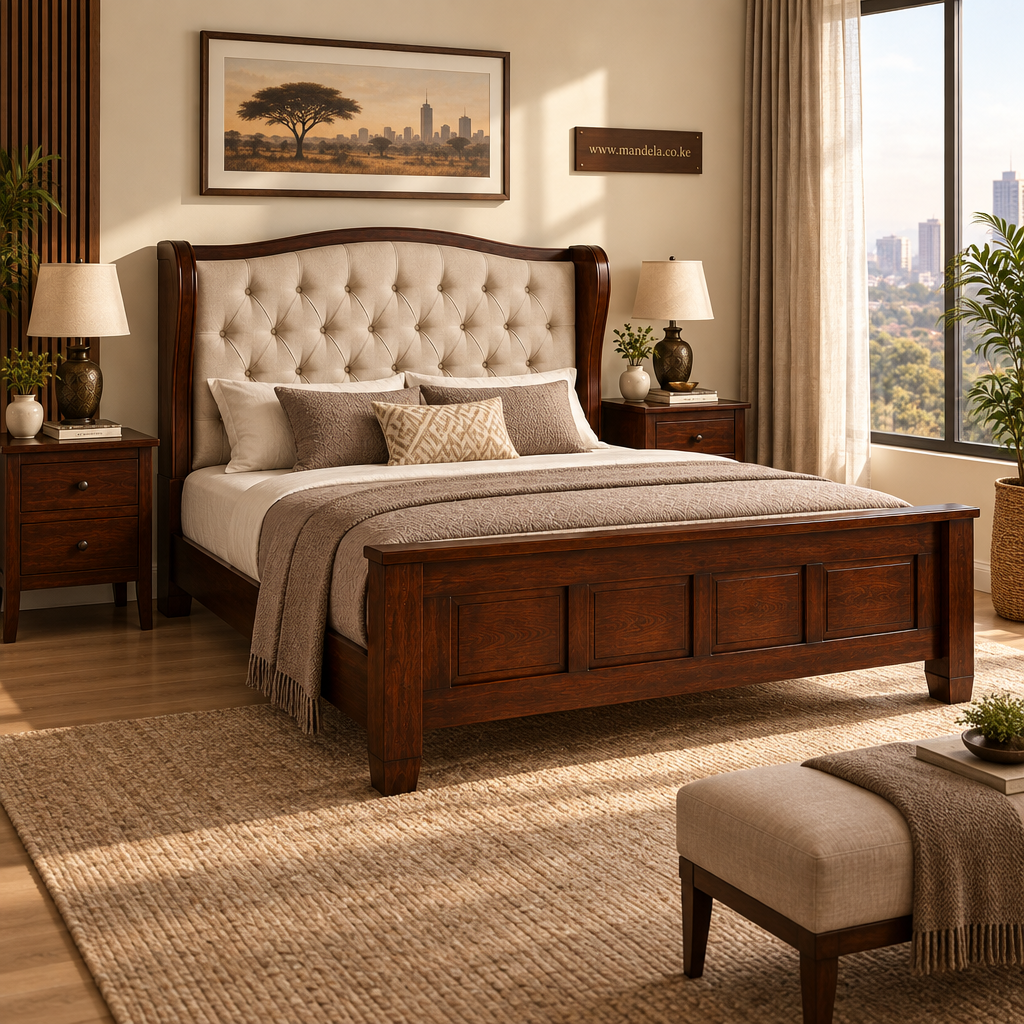 Button-tufted wingback mahogany bed in a contemporary Nairobi bedroom