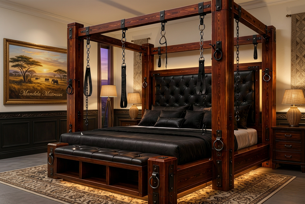 Upholstered Dominion canopy bed evening setting with optional foot bench and lighting