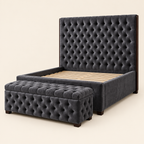 Eden tufted solid mahogany bed and bench in charcoal grey upholstery
