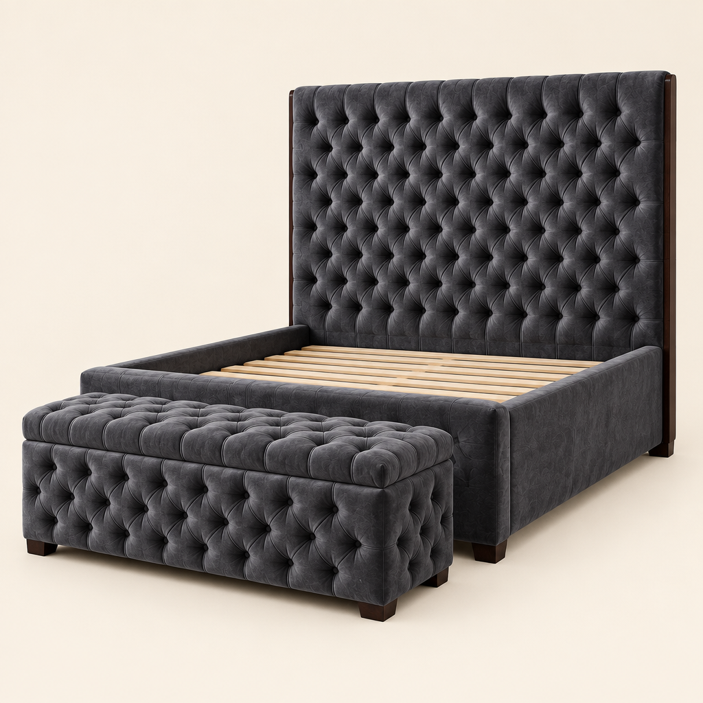 Eden tufted solid mahogany bed and bench in charcoal grey upholstery