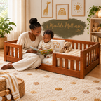 Parent reading with a child beside a wooden Montessori baby bed; mattress and bedding not included