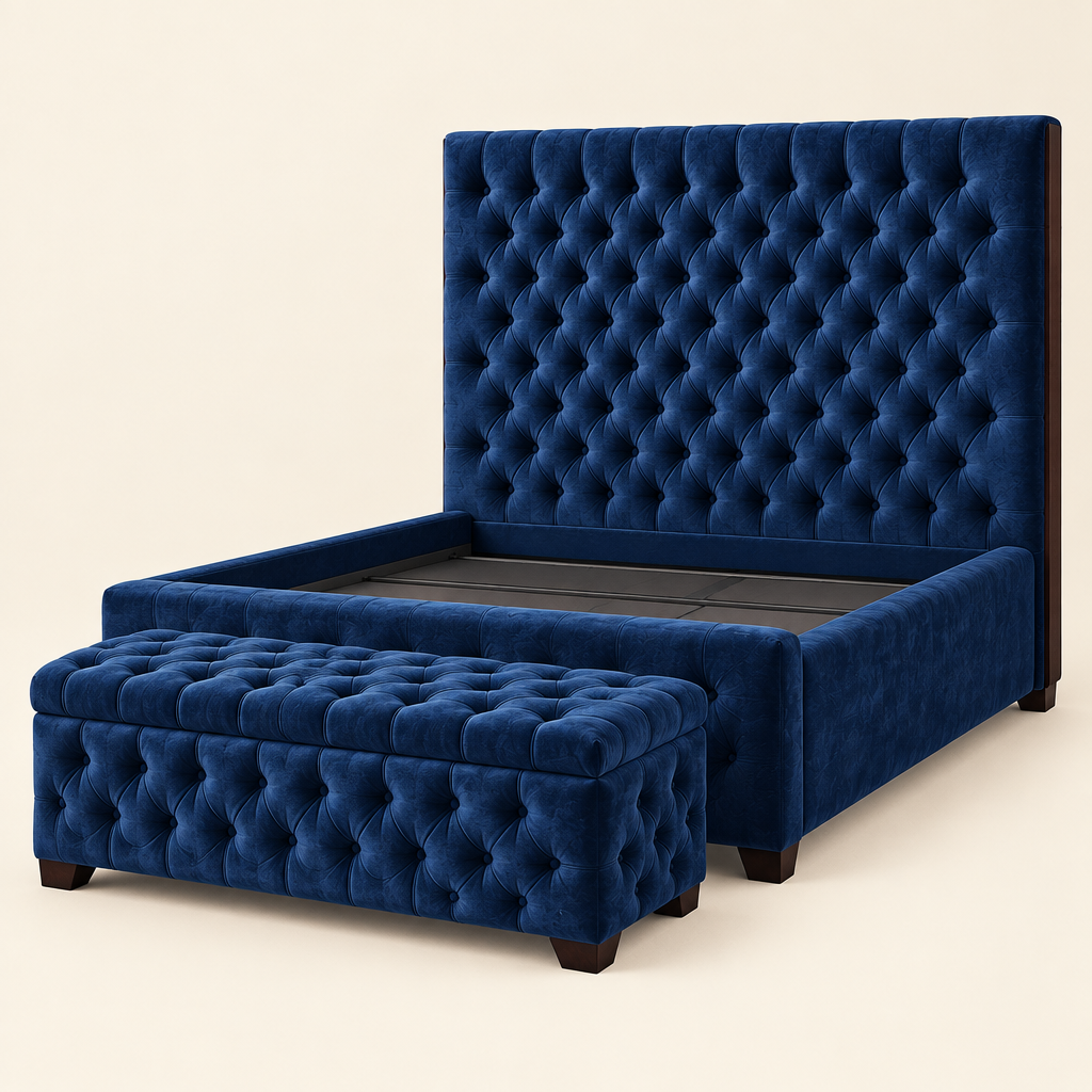 Eden tufted solid mahogany bed and bench in navy blue upholstery