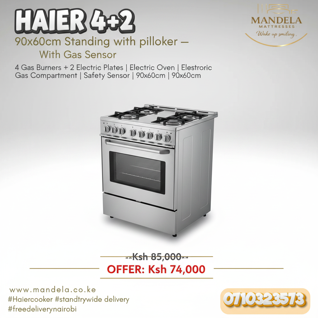 Haier 4+2 Standing Cooker 90x60cm – 4 Gas + 2 Electric | Gas Compartment | Safety Sensor