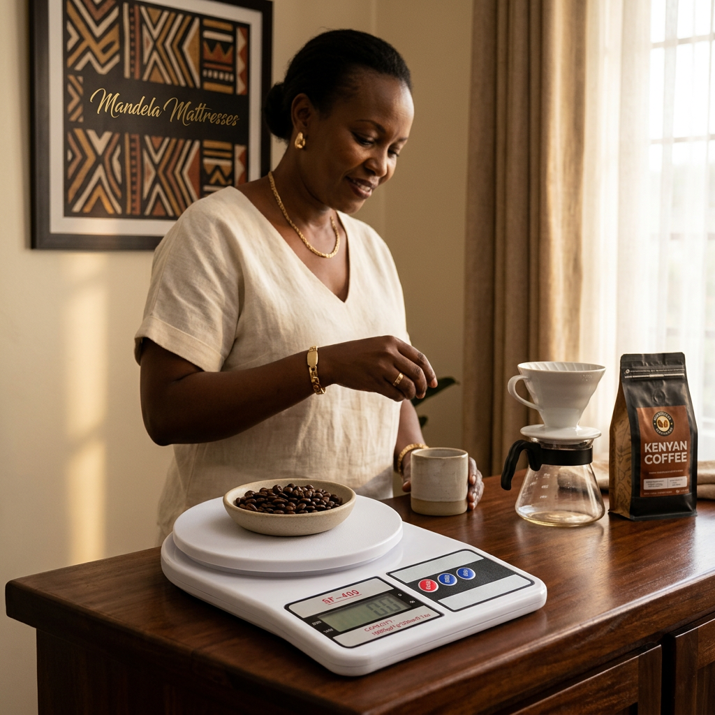 SF-400 digital kitchen scale in a home coffee corner; accessories excluded