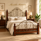 Ornate mahogany and metal bed in a warm Mandela Mattresses bedroom