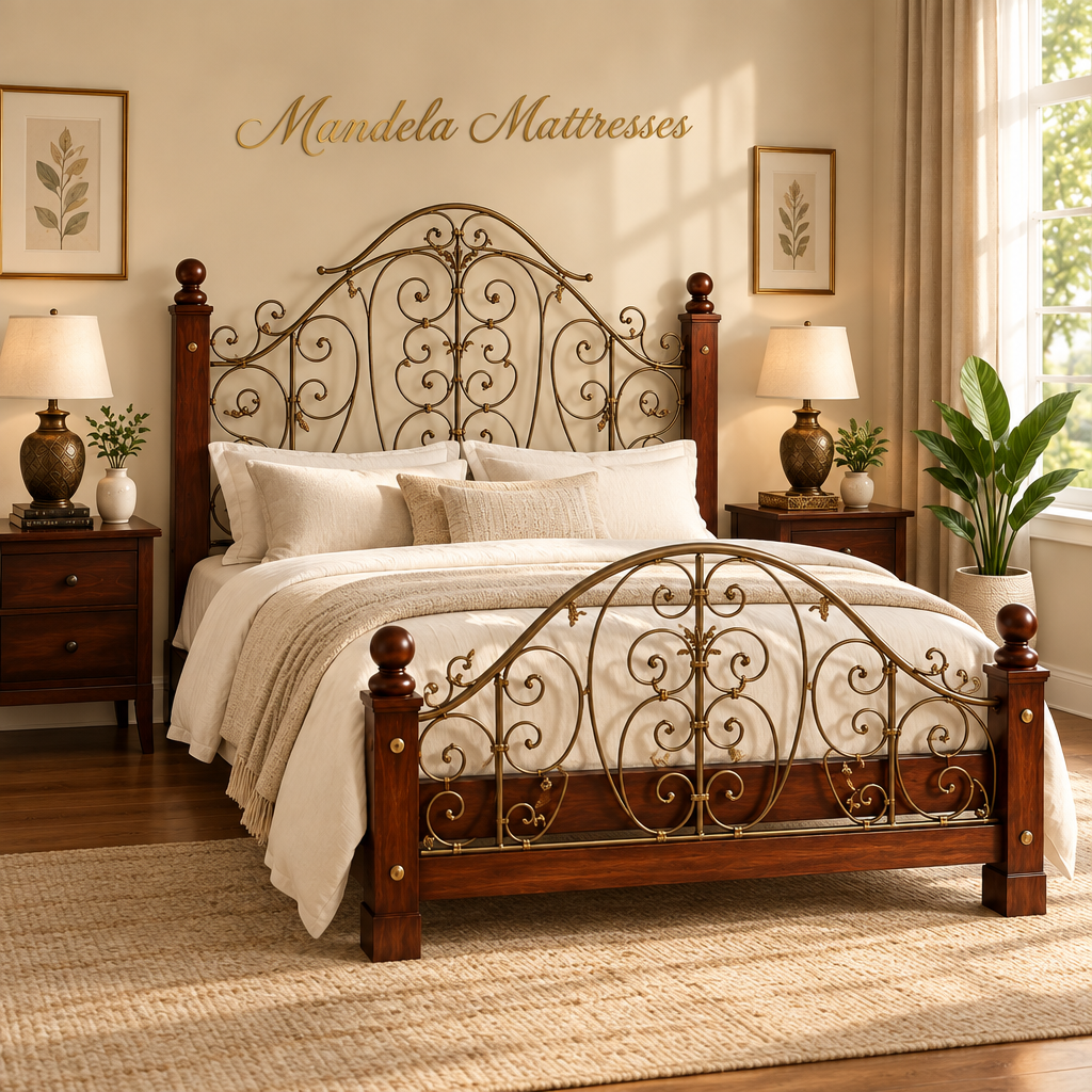 Ornate mahogany and metal bed in a warm Mandela Mattresses bedroom