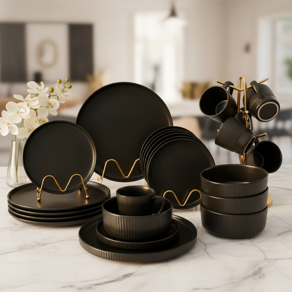 All Black Ribbed 24-Piece Ceramic Dinner Set