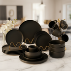 All Black Ribbed 24-Piece Ceramic Dinner Set