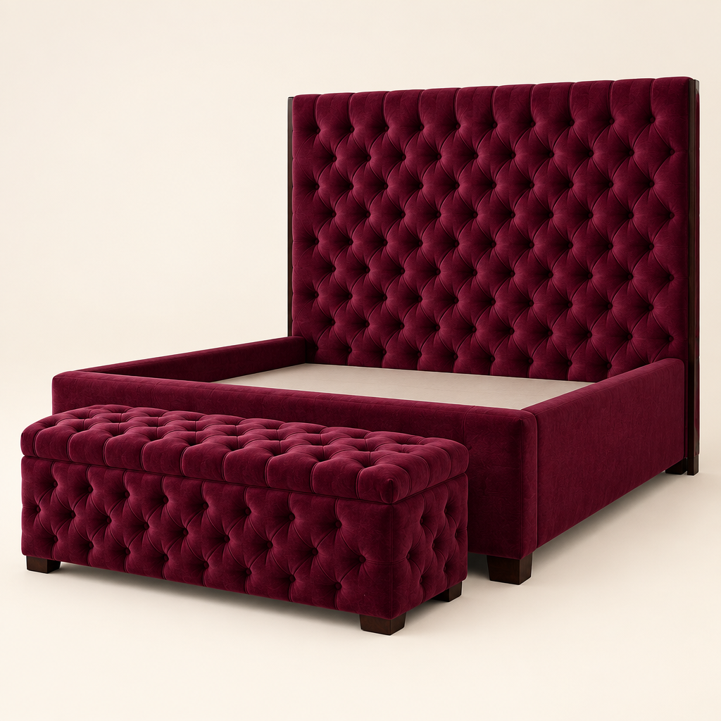 Eden tufted solid mahogany bed and bench in burgundy upholstery