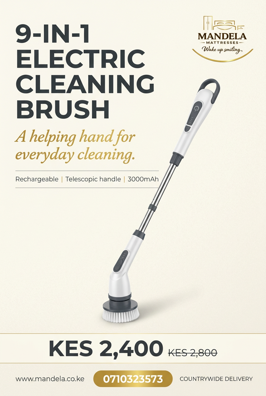9-in-1 rechargeable cleaning brush poster showing KES 2400