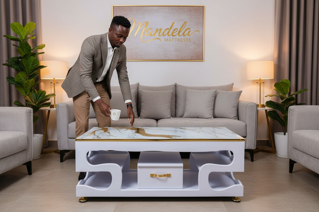 Executive White Coffee Table with Gold Marble Topping