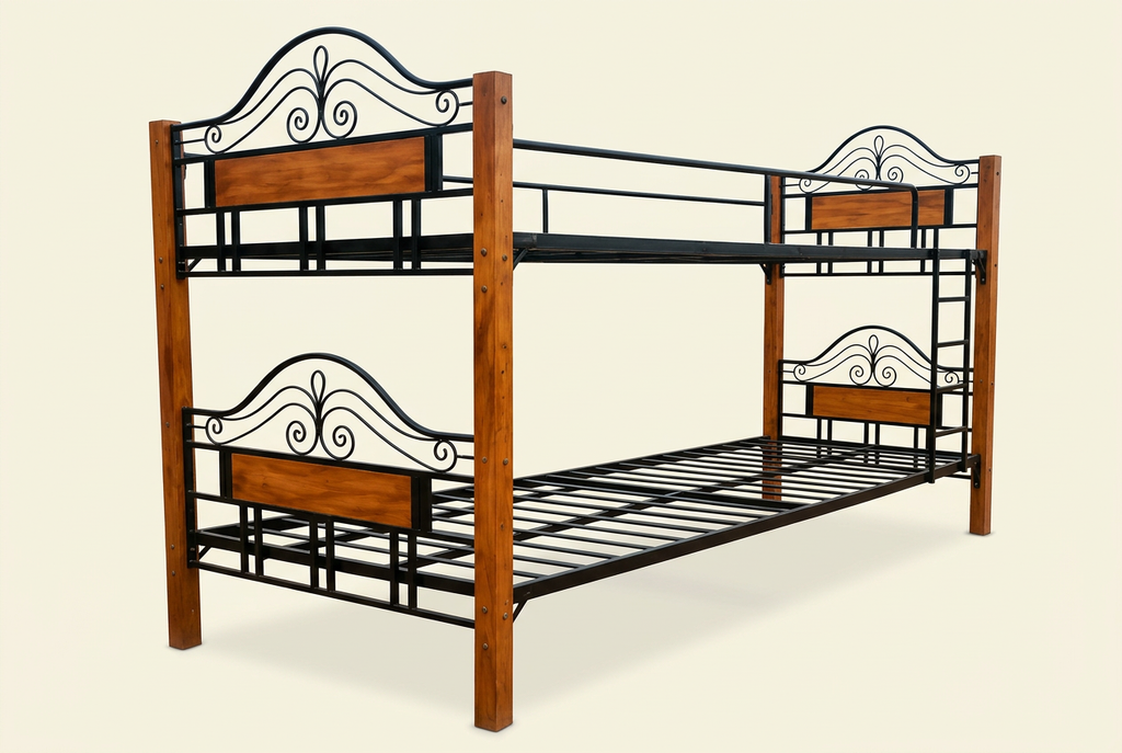 Steel and wood scrollwork double-decker bed frame on an ivory studio background