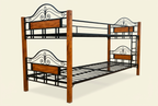 Steel and wood scrollwork double-decker bed frame on an ivory studio background