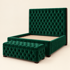 Eden tufted solid mahogany bed and bench in emerald green upholstery