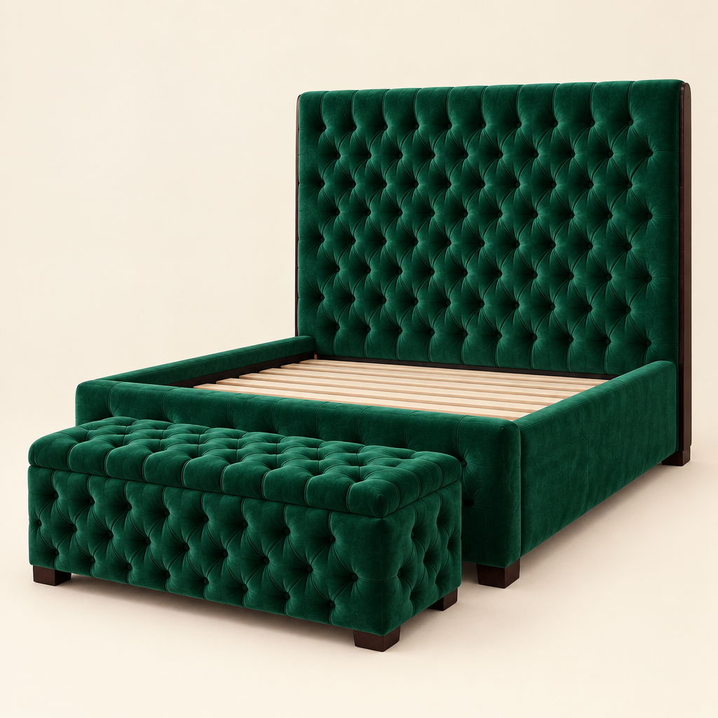 Eden tufted solid mahogany bed and bench in emerald green upholstery