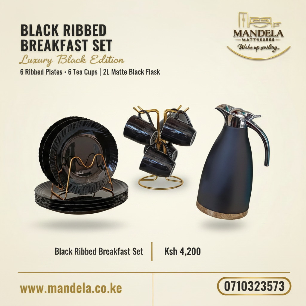 Black Ribbed Breakfast Set | 6 Plates, 6 Tea Cups & 2L Flask