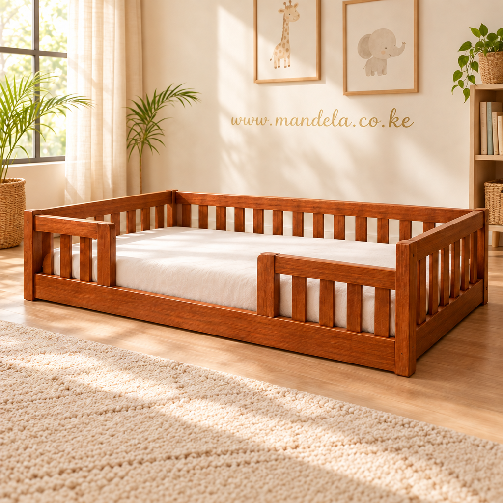 Low-profile wooden Montessori baby bed in a branded nursery; mattress not included