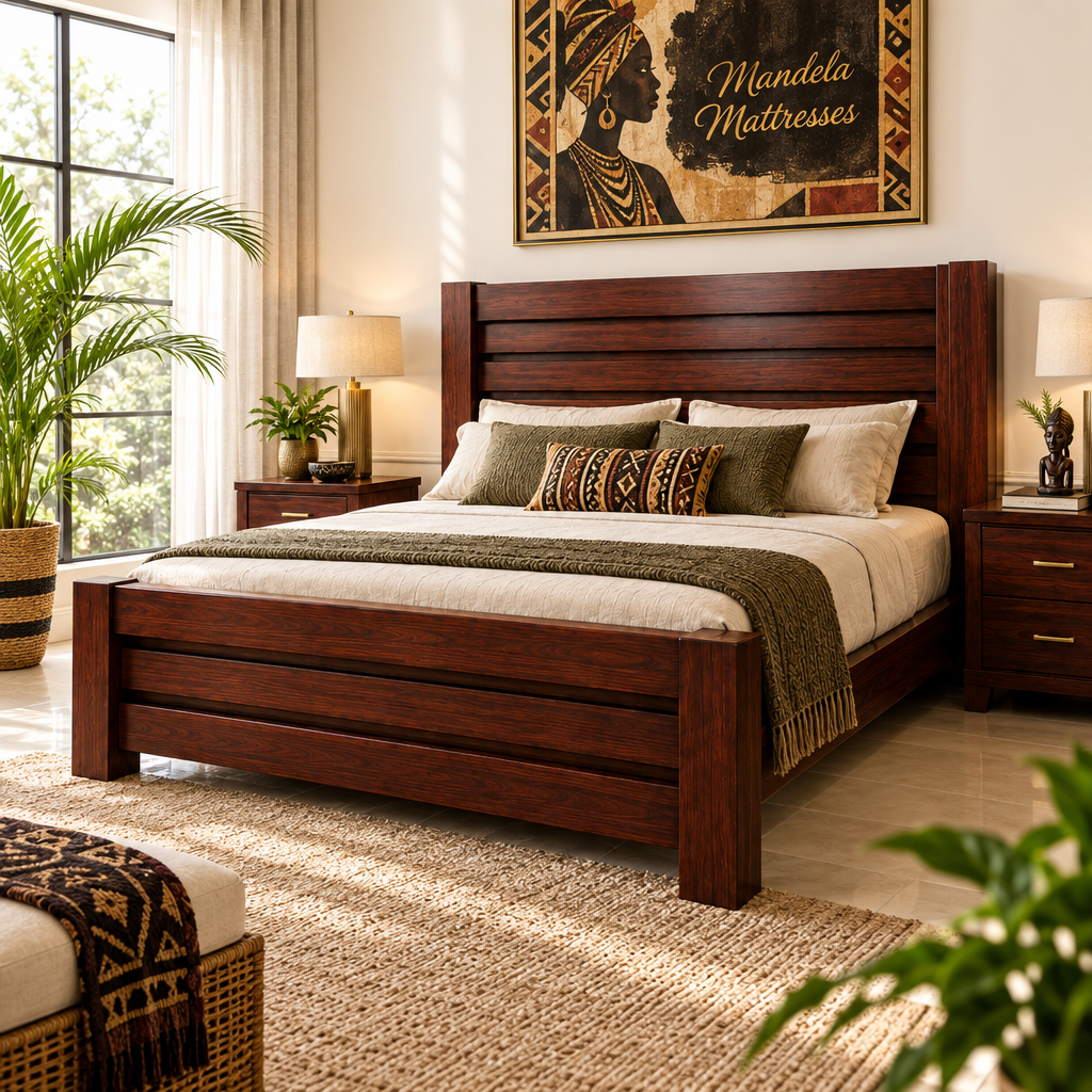 Horizontal-slat mahogany bed in a bright ivory bedroom with branded African artwork