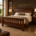 Dark mahogany Sleigh Mission Bed showing curved rails, vertical slats and rich wood grain