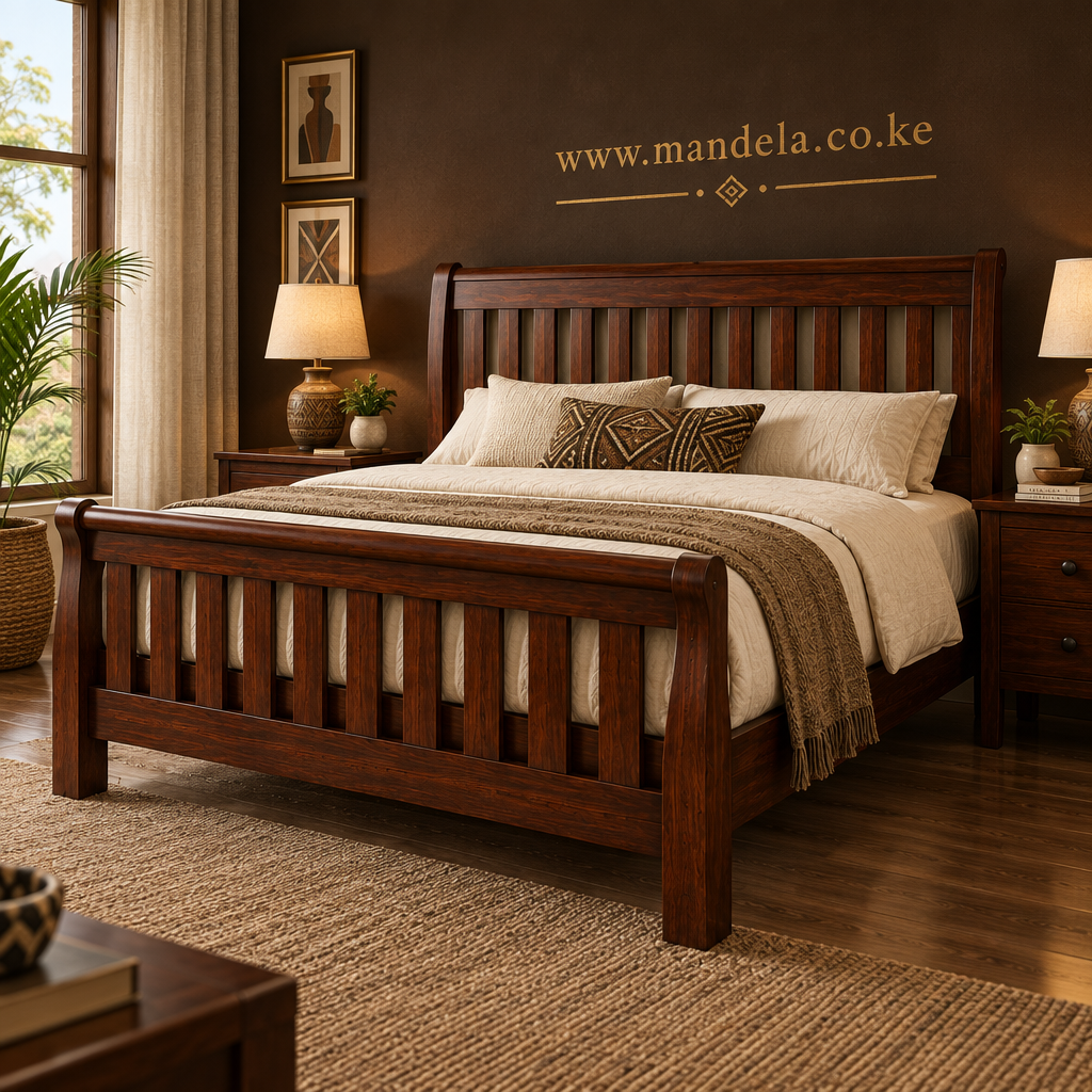 Dark mahogany Sleigh Mission Bed showing curved rails, vertical slats and rich wood grain