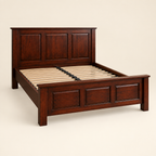 Modern solid mahogany bed frame with three-panel headboard and footboard, without mattress