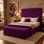 Purple tufted mahogany bed and bench in an elegant bedroom with African artwork