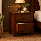 Mahogany and board bedside drawer with one storage drawer open