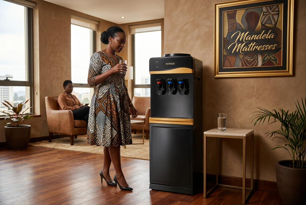 Sonar dispenser beside a seating area in an office lounge
