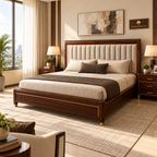 Upholstered solid mahogany bed in a contemporary Nairobi bedroom