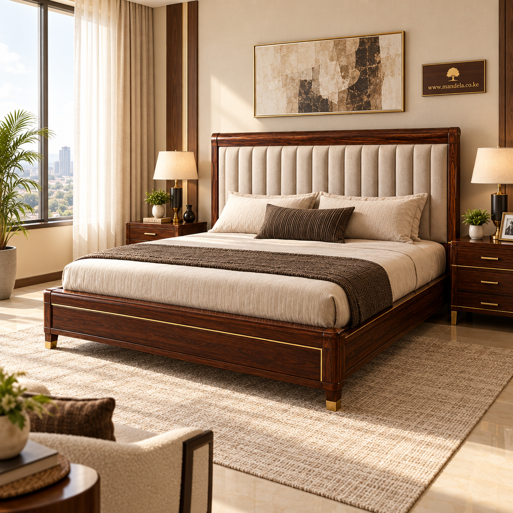 Upholstered solid mahogany bed in a contemporary Nairobi bedroom
