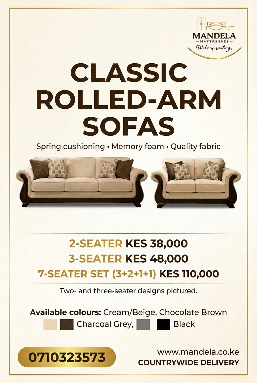 Classic Rolled-Arm sofa prices: two-seater KES 38,000, three-seater KES 48,000, seven-seater KES 110,000; cream, chocolate brown, grey and black