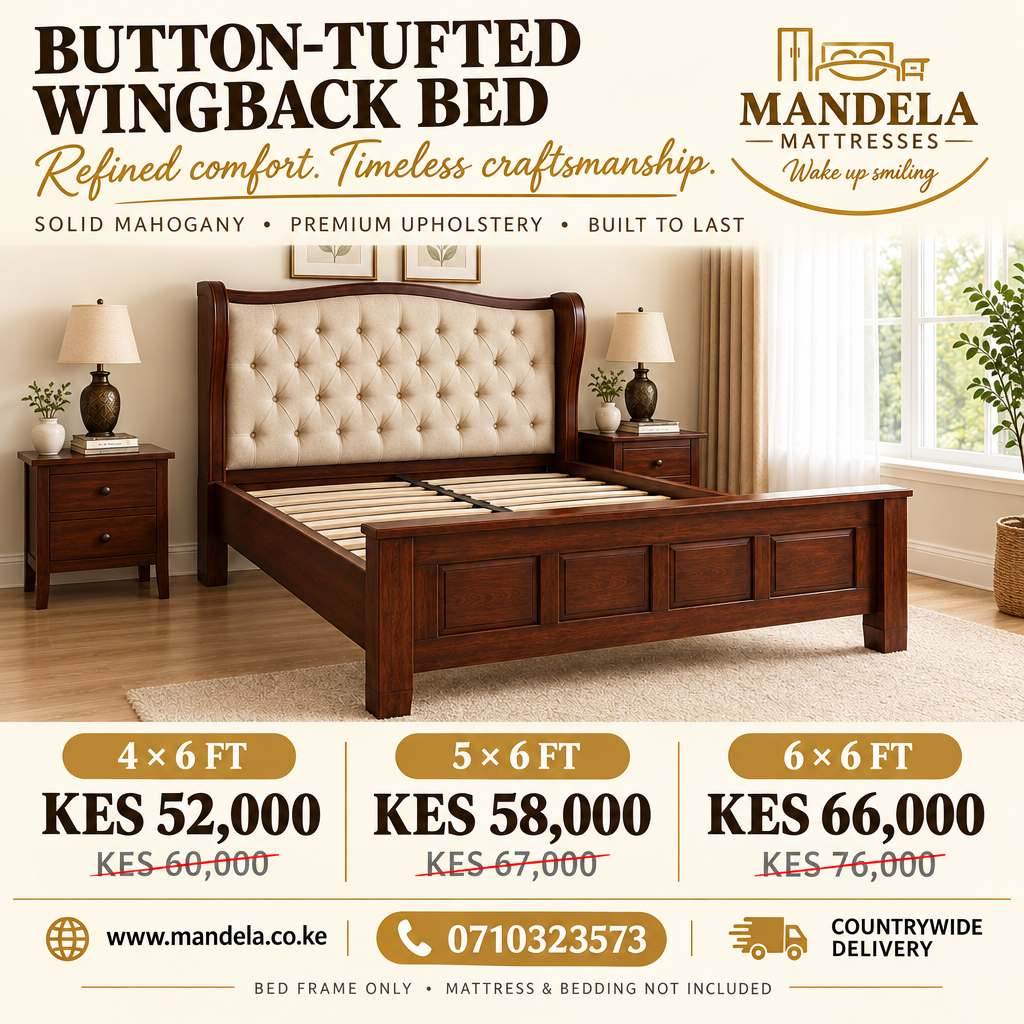 Button-tufted wingback bed prices: 4 by 6 KES 52,000, 5 by 6 KES 58,000 and 6 by 6 KES 66,000