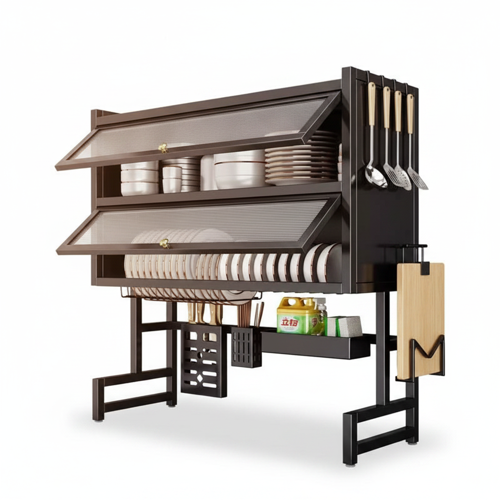 2-Layer Over-Sink Kitchen Rack | Acrylic Flip Cover & Utensil Hooks product image
