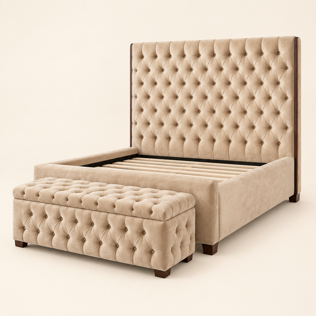 Eden tufted solid mahogany bed and bench in cream beige upholstery