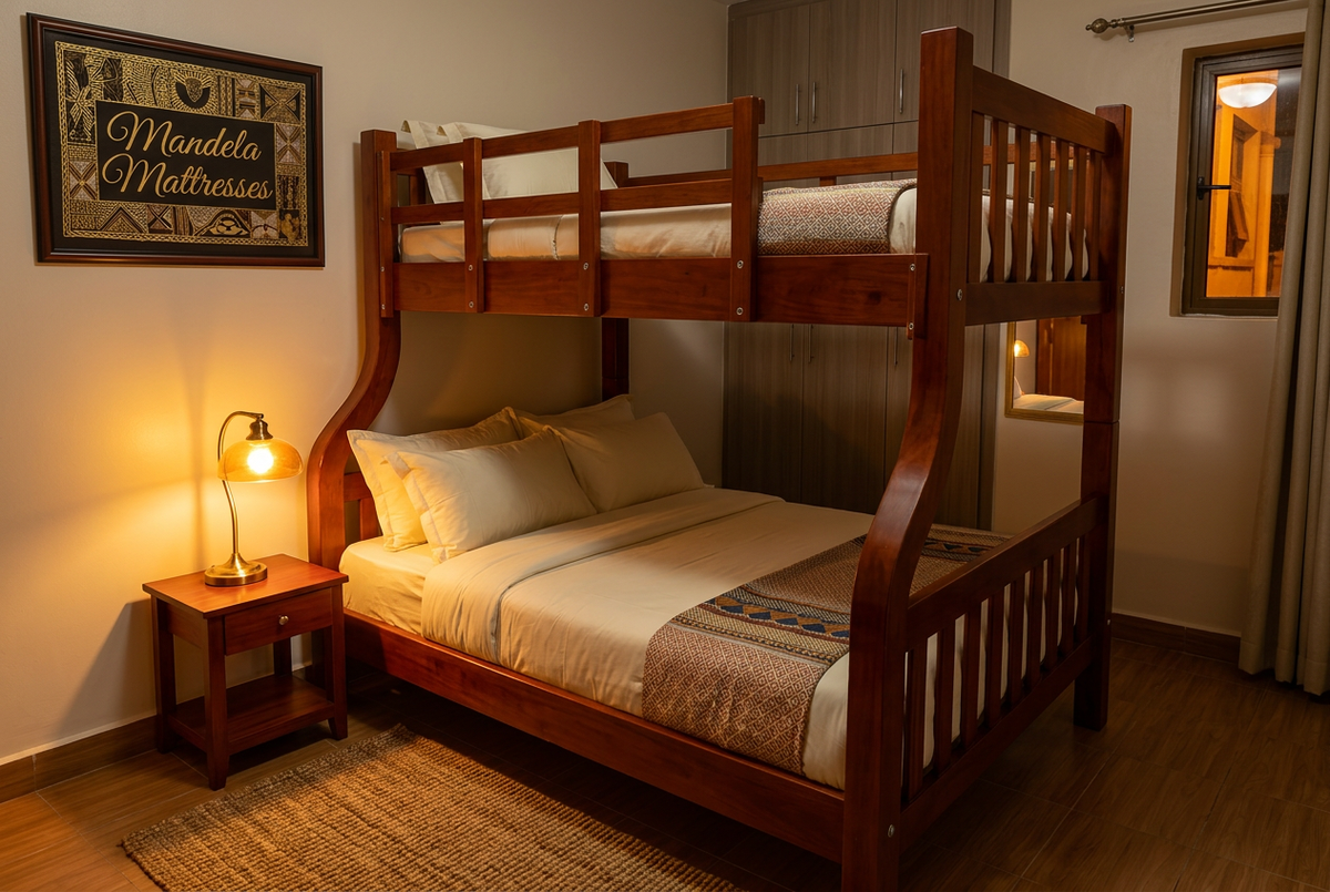 Mahogany bunk bed in a warmly lit bedroom