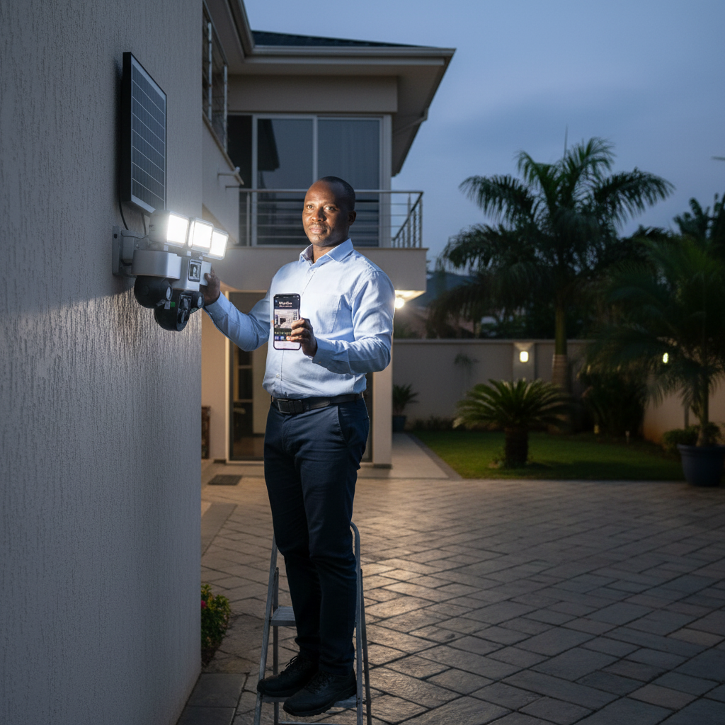 4G Triple Lens Solar PTZ Camera with LED Floodlights | 360° Rotation | V380 Pro product image
