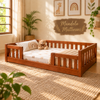 Wooden Montessori baby bed styled in a warm nursery; mattress and bedding not included