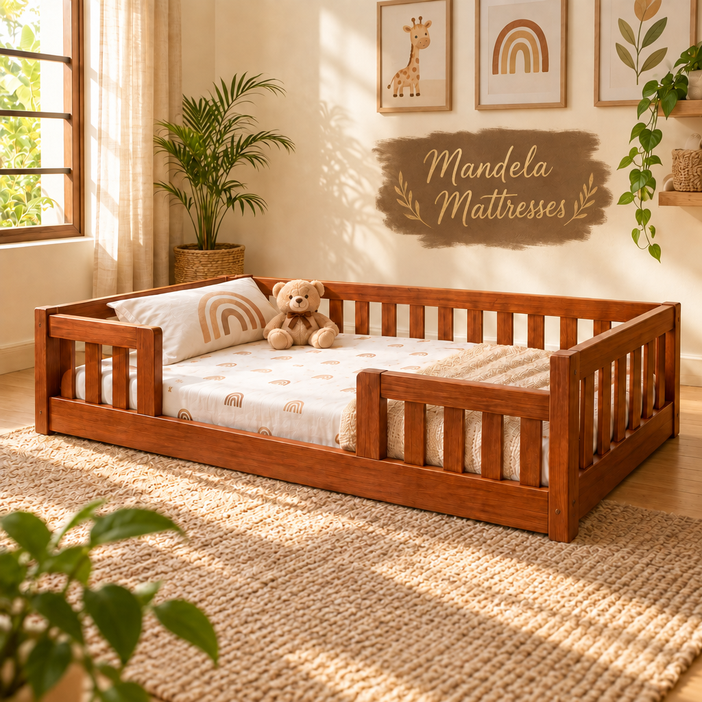 Wooden Montessori baby bed styled in a warm nursery; mattress and bedding not included