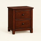Dark mahogany and board bedside unit with two drawers and round knobs